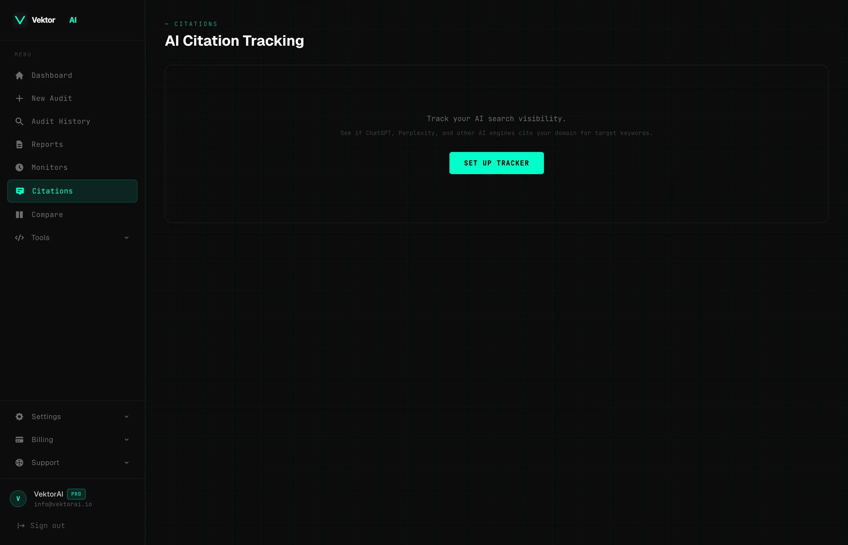 VektorAI citation tracking dashboard showing visibility score, keywords, and competitor analysis
