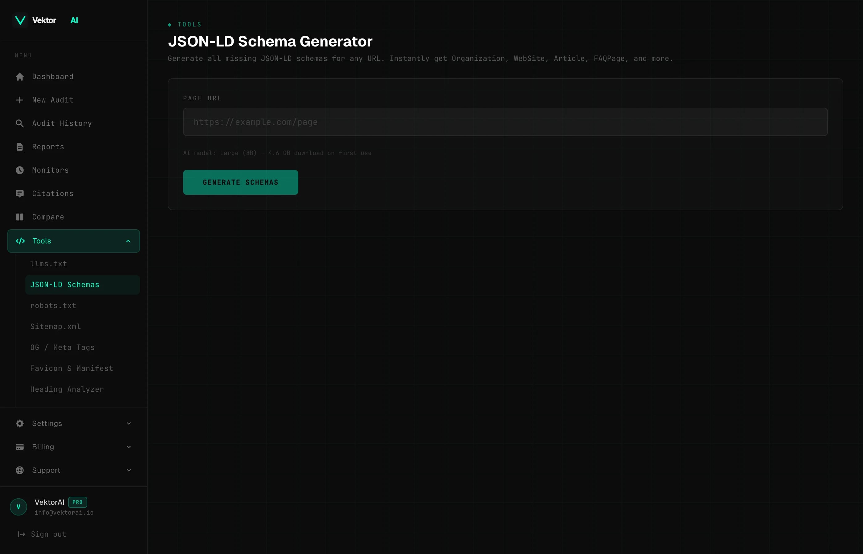 VektorAI generator tools dashboard with 8 free SEO and AEO tools