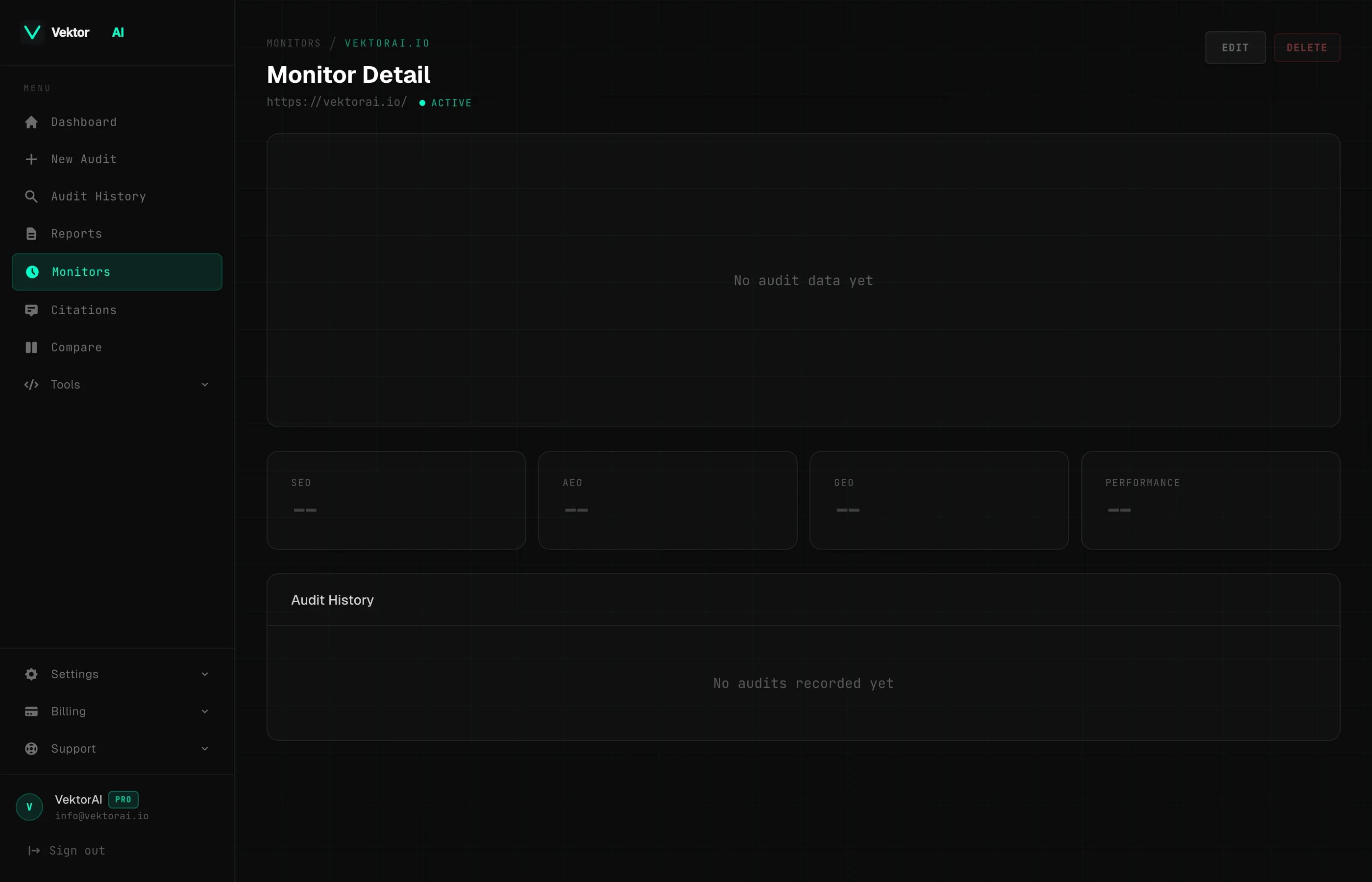 VektorAI monitor detail with score trends and email alerts