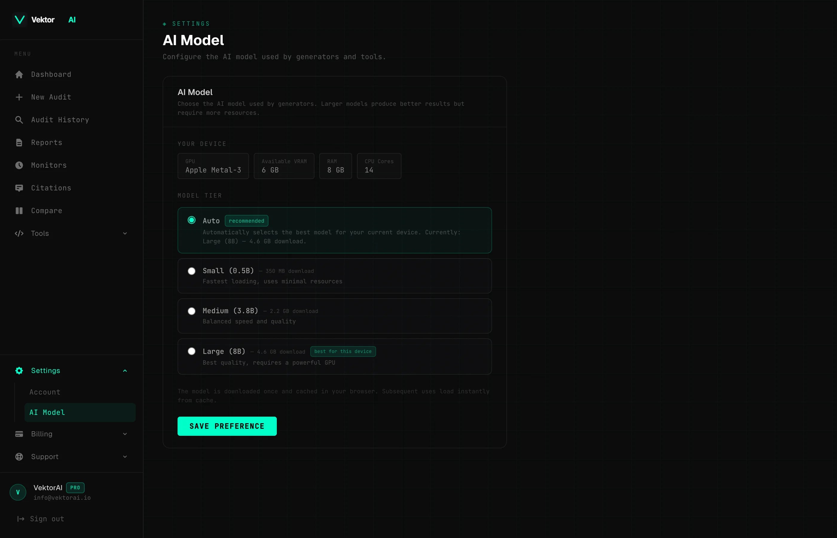 VektorAI settings panel with AI model selection preferences